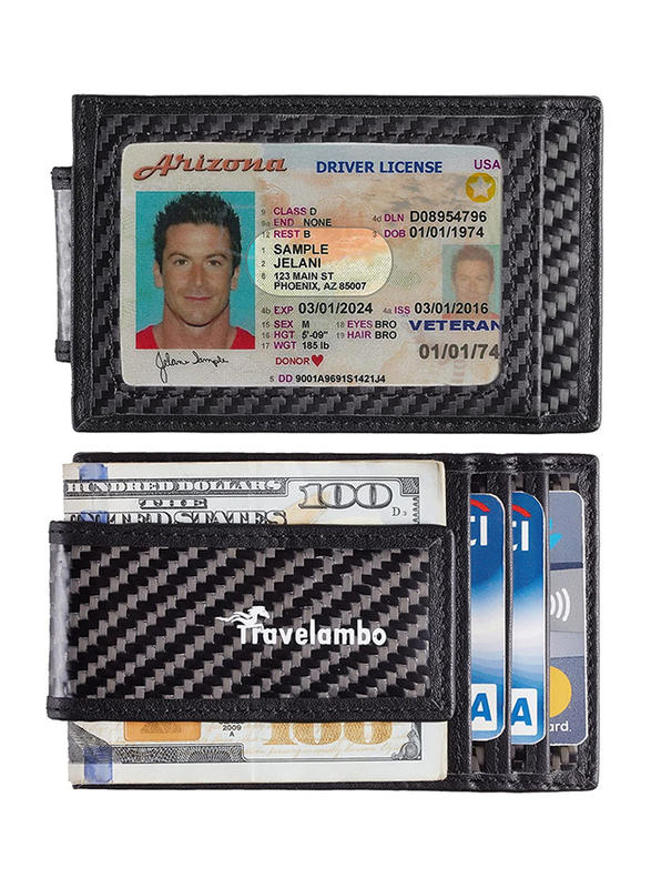 Travelambo RFID Blocking Money Clip Front Pocket Wallet Slim Minimalist Card Holder Wallet for Men, Carbon Fiber Black