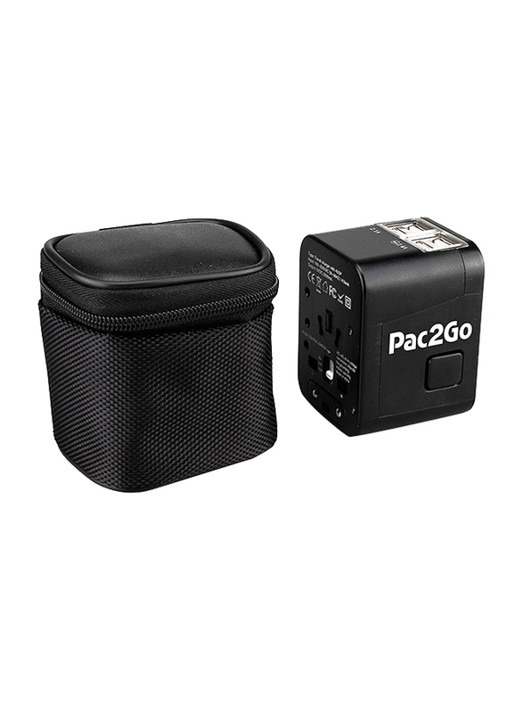 Pac2Go Universal Travel Adapter with Quad USB Charger, Black