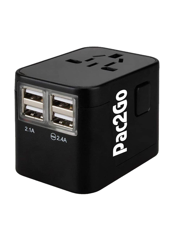 Pac2Go Universal Travel Adapter with Quad USB Charger, Black