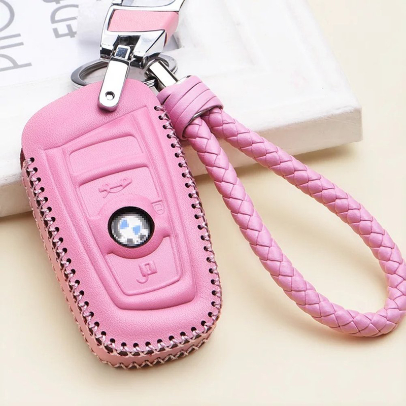 Wafern BMW Key Case Cover Shell with Braided Key Chain, Genuine Leather, Small, Pink