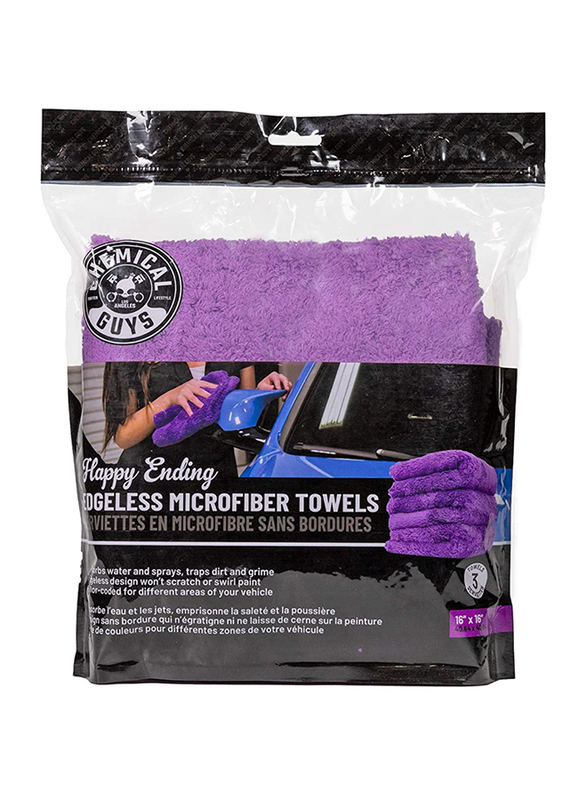 Chemical Guys 3-Piece Happy Ending Ultra Plush Edgeless Microfiber Towel, MIC34803, Purple
