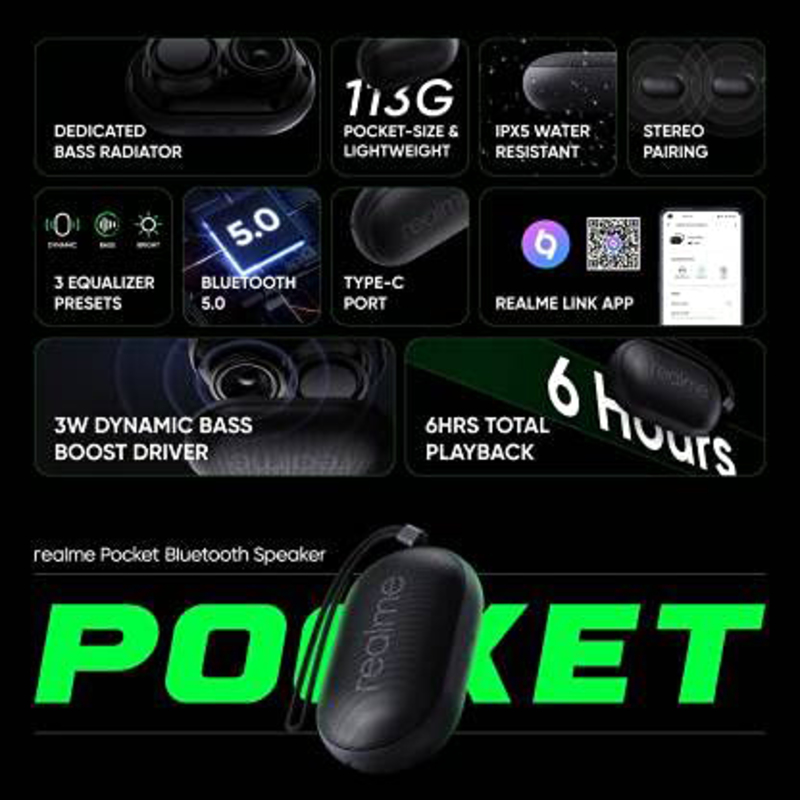 Realme Pocket Bluetooth Portable Speaker, Classic Black