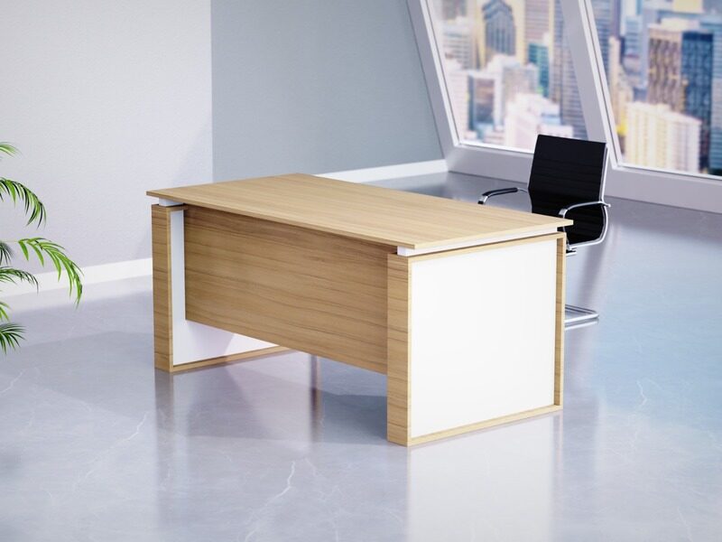 

Mahmayi Modern Executive Office Workstation Table, Home Office Computer and Laptop Desk Featured with Wooden Finish (Coco Bolo/White, 140cm)