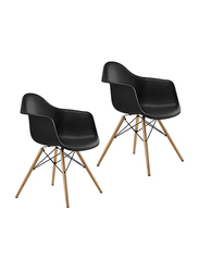 ماهاماي ايمز ستايل كرسي بذراعين مع أرجل من الخشب الطبيعي, قطعتين, أسود