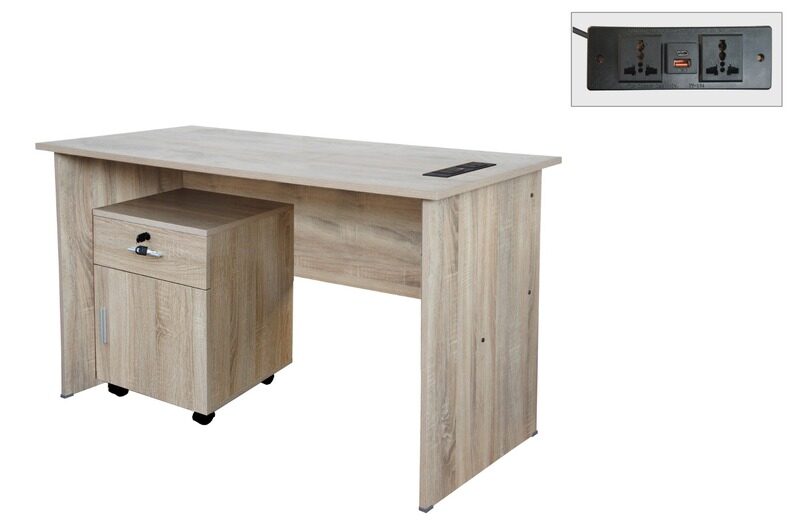 

Mahmayi Oak MP1-D-OAK-PM Writing Table with Power Module, Power Strip Desktop Socket Board Modern Executive Desk Home Offices, Schools, Laptop, Office