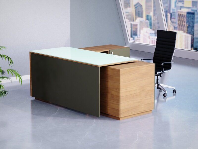 

Mahmayi Specialties L Shaped Glass Executive Table with Storage Shelves and Cabinet for Home & Office Contemporary Style L Shaped Computer Desk - Natu