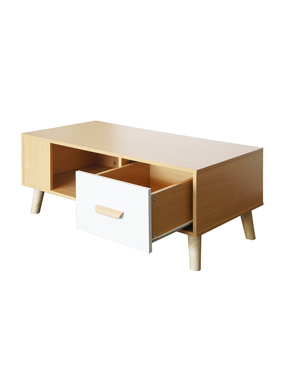 Mahmayi H302 Modern Multifunctional Coffee Table with Drawers and Storage Shelf, Beech/White Melamine