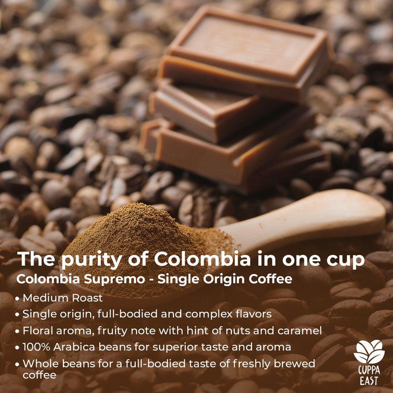 Cuppa East Colombia Supremo Single Origin Coffee with 100% Arabica Beans, Medium Roast, 1 kg