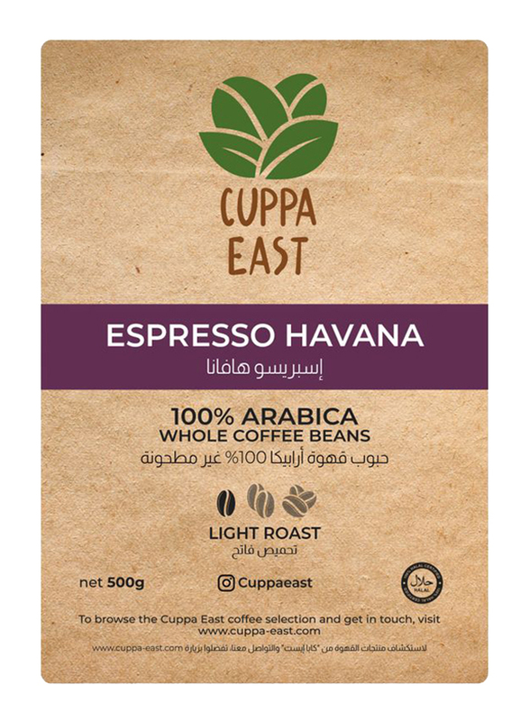 Cuppa East Top Class Espresso Havana Whole Beans with 100% Arabica Coffee Blend, Medium Light Roast, 500g