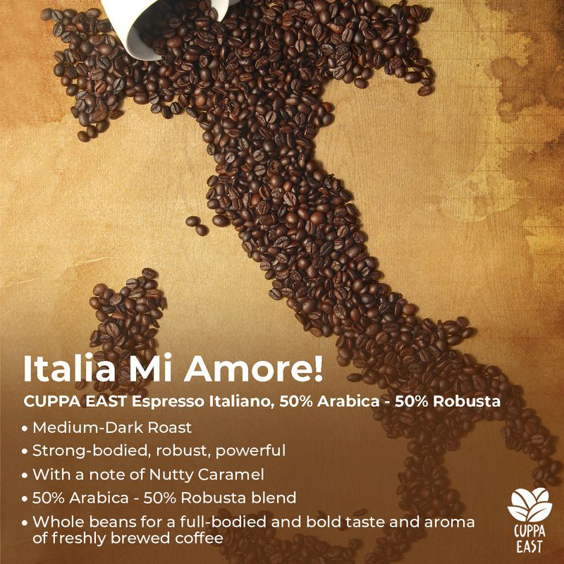 Cuppa East Top Class Espresso Italiano Whole Beans with 50% Arabica - 50% Robusta Coffee Blend, Medium Dark Roast, 500g