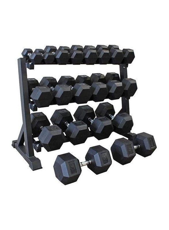 Miracle Fitness 8-Pair Hex Dumbbell with Dumbbell Rack, 2.5 KG to 20 Kg , Black/Silver