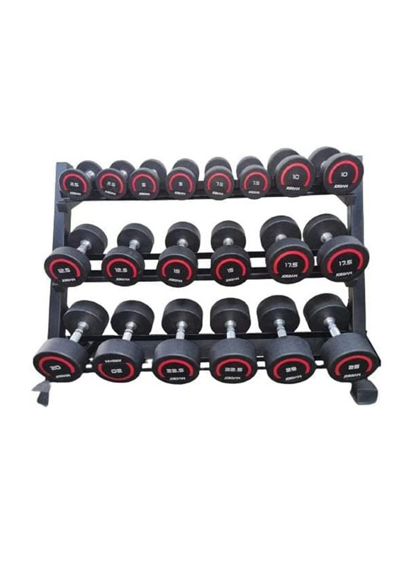 Jordan Fitness UK Premium Round Dumbbell Set with Rack, 2.5 to 25KG, Black