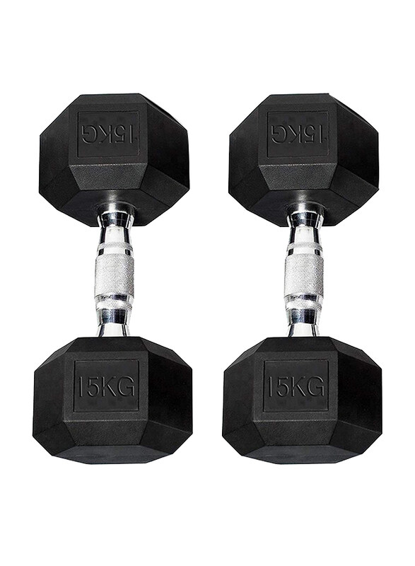 Miracle Fitness Hex Dumbbells Set, 2 x 15KG, Black/Silver