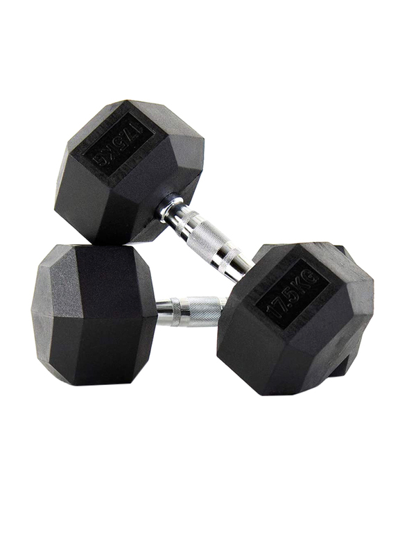 Miracle Fitness Rubber Hex Dumbbells Set, 2 x 17.5KG, Black/Silver