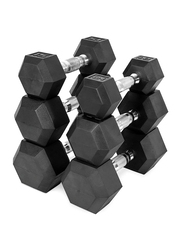 Miracle Fitness Rubber Hex Dumbbells Set, 2 x 7.5KG + 15KG, Black