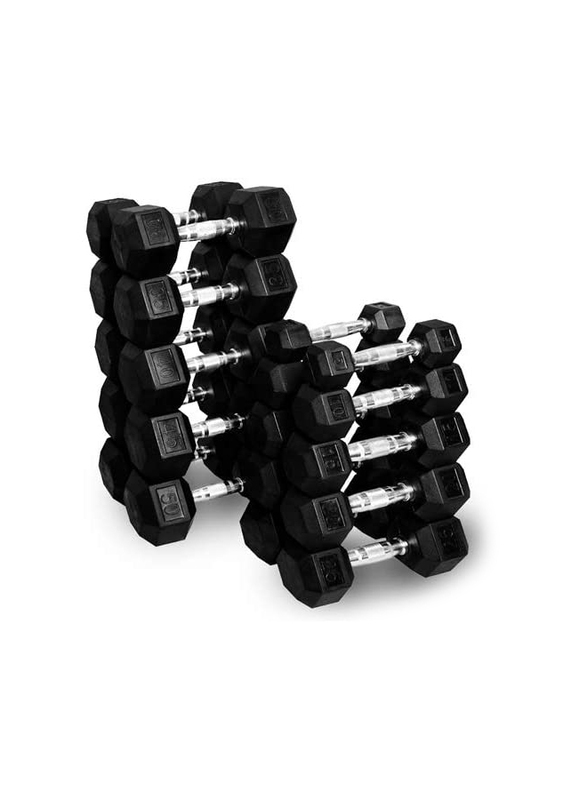 Miracle Fitness Hex Dumbbells Set with Heavy Duty Dumbbell Rack, 2.5KG - 25KG, Silver/Black