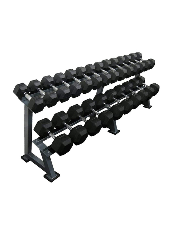 Miracle Fitness Hex Dumbbells Set with Heavy Duty Dumbbell Rack, 2.5KG - 25KG, Silver/Black