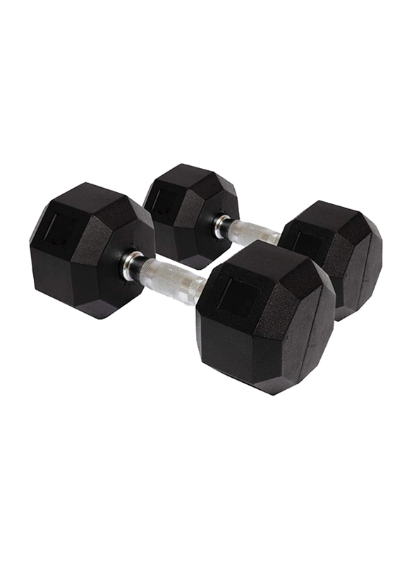 FWX Hex Rubber Coated Solid Steel Cast-Iron Dumbbell, 15KG, Black/Silver