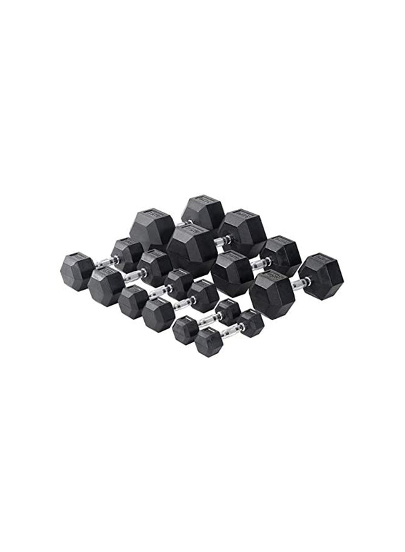 Miracle Fitness Rubber Hex Dumbbells Set, 2 x 37.5KG, Black/Silver
