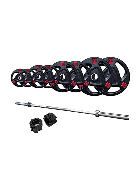 Miracle Fitness  6 Ft Olympic Barbell Bar with Tri-Grip Rubber Plate Set, 80KG, Black