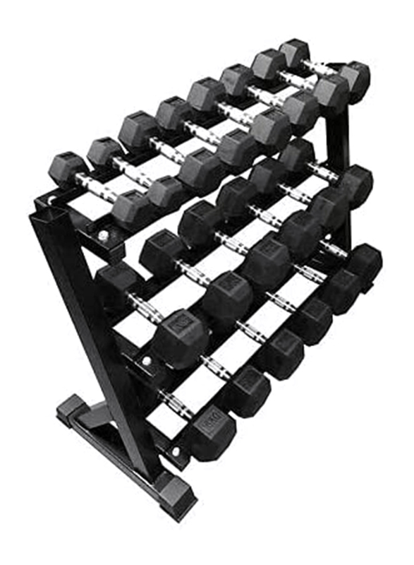 Miracle Fitness Hex Dumbbell Set with Dumbbell Rack, 2.5 KG to 25 KG, Black/Silver