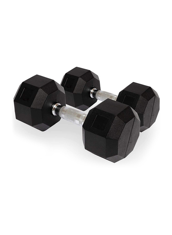 Miracle Fitness  Hex Rubber Coated Solid Steel Cast-Iron Dumbbell, 30KG, Black/Silver
