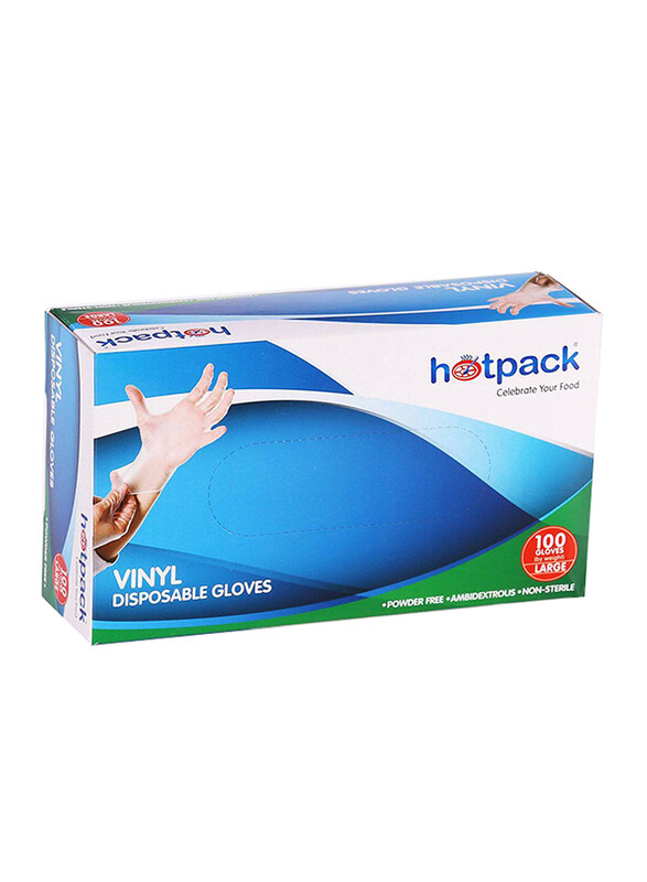 Hotpack Powder Free Vinyl Single Use Gloves, Large, 100 Pieces