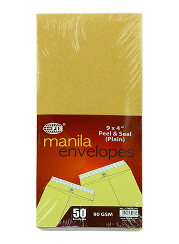 FIS Manila Peel & Seal Envelope, 90GSM, 9" X 4", Brown