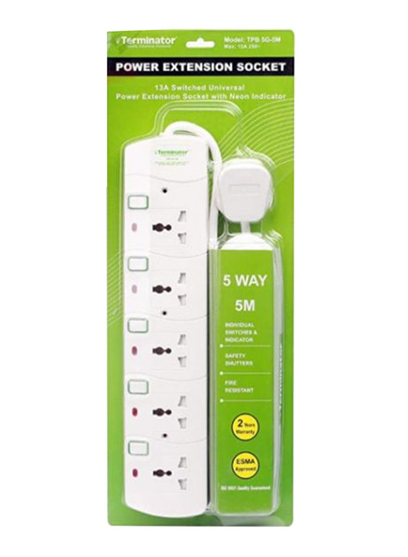 

Terminator 5 Sockets Universal Power UK Plug Extension Socket, 5-Meter Cable with 13A Plug and Esma Approved, Off White