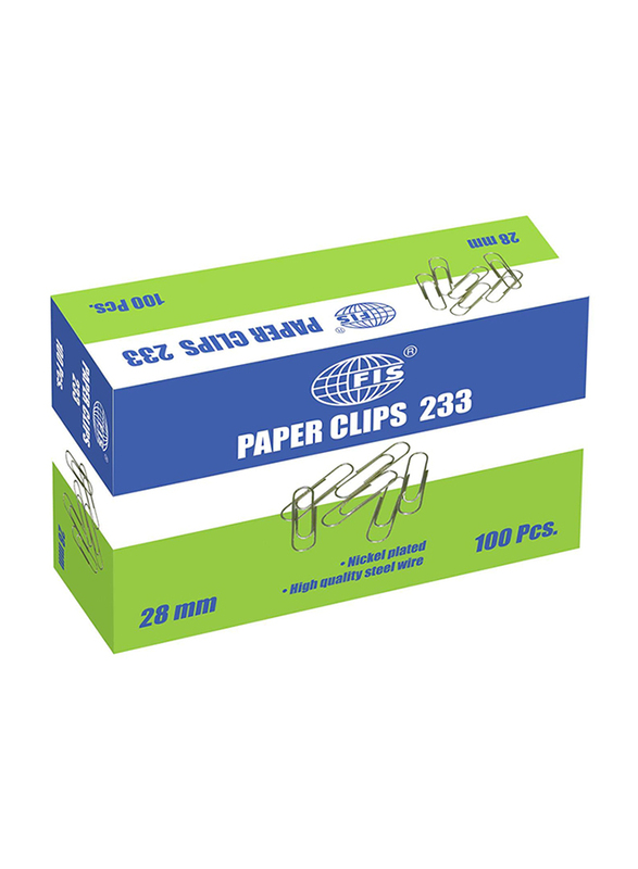 FIS U Shape Paper Clips, 100 Pieces, 28mm, Multicolour