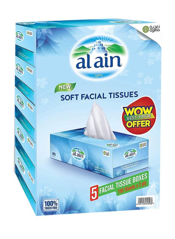 

Al Ain Facial Tissue, 5 Boxes x 2 Ply x 150 Sheets