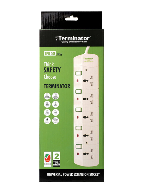 Terminator 5 Sockets Universal Power UK Plug Extension Socket, 3-Meter Cable with 13A Plug and Esma Approved, Off White