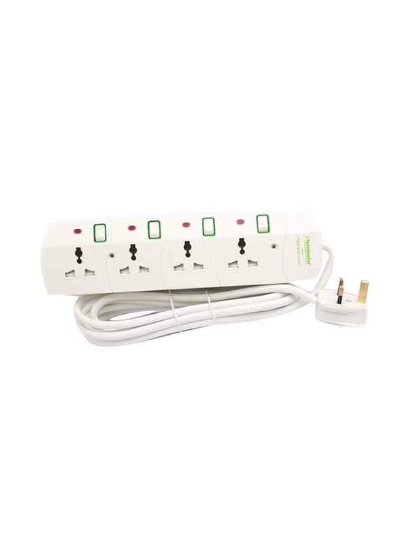 Terminator 4 Sockets UK Plug Extension, 3-Meter Cable with 13A Plug and Esma Approved, Off White