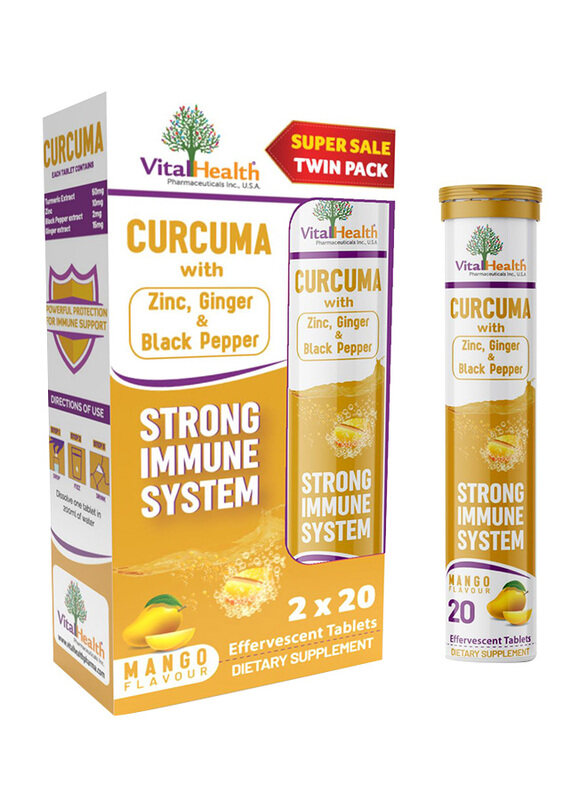 

Vital Health Curcuma with Zinc Ginger and Black Pepper Mango Flavour Dietary Supplement, 2 x 20 Effervescent Tablets