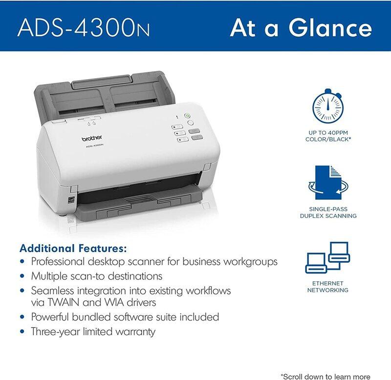 Brother ADS-4300N Professional Desktop Scanner with Fast Scan Speeds, 40ppm/80ipm, Duplex, and Networking