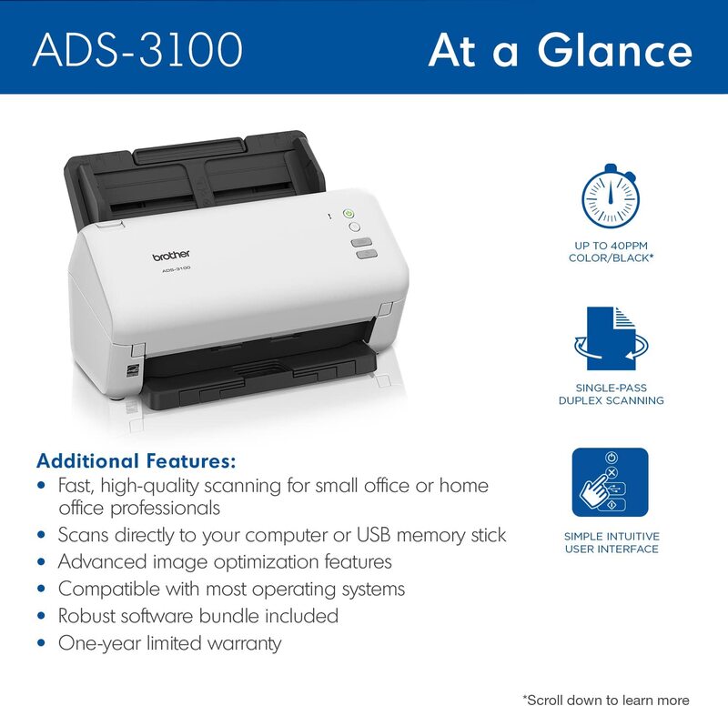 Brother ADS-3100 High-Speed Desktop Scanner, Compact with Scan Speeds of Up to 40ppm