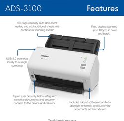 Brother ADS-3100 High-Speed Desktop Scanner, Compact with Scan Speeds of Up to 40ppm