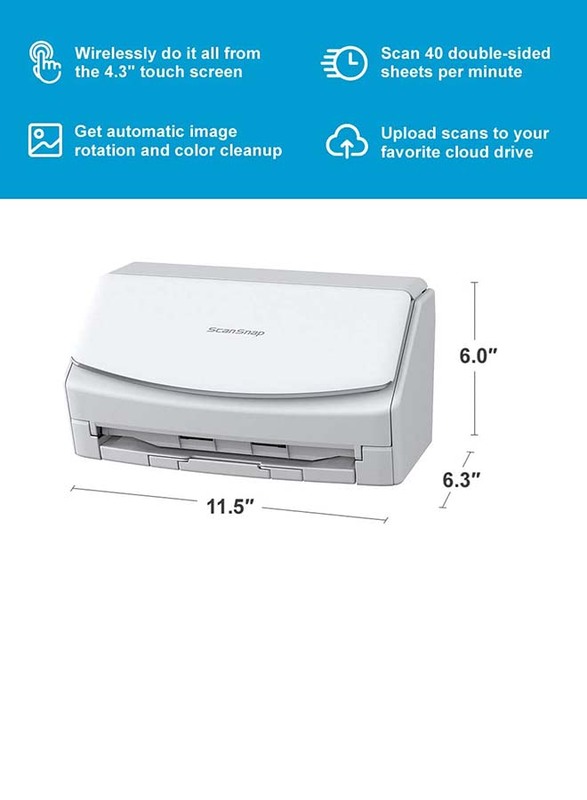 Fujitsu ScanSnap iX1600 Document Scanner, Wi-Fi Connectivity, White