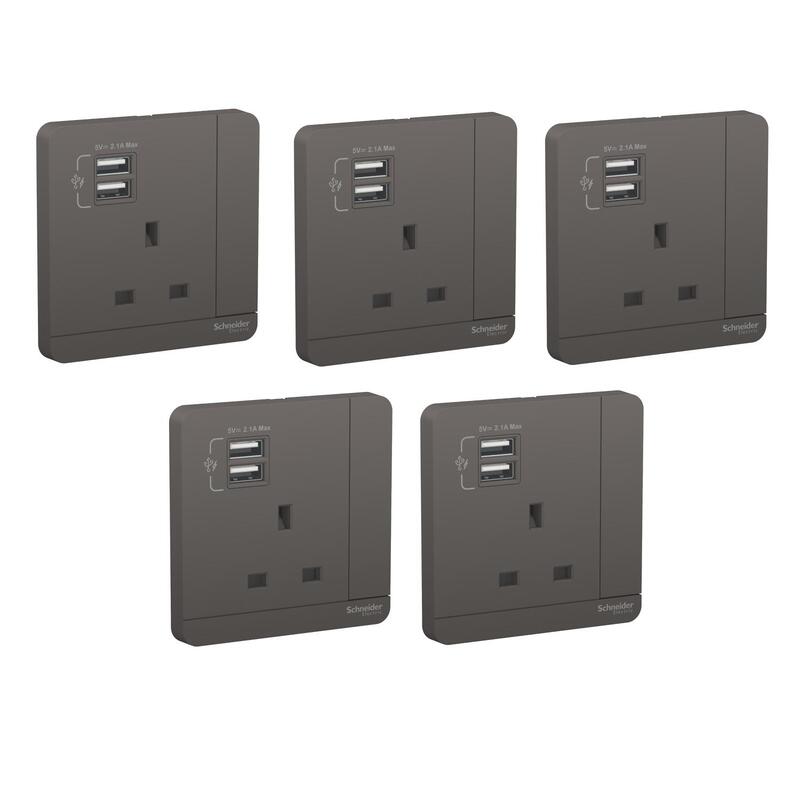 Schneider Electric  AvatarOn, 2 USB charger + switched socket, 3P, 13A, Dark Grey (Model Number -E8315USB_DG_G11) - Pack of 5