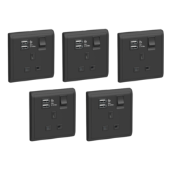 Schneider Electric 13A 1 Gang Switched Socket with 2.1A USB, Matt Black - E8215USB_MB_G12 - Pack of 5
