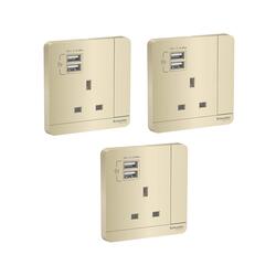 Schneider Electric E8315USB_WG_G12 AvatarOn Gold - Single 13A Socket combined 2 x USB ports 2.1 A - Pack of 3