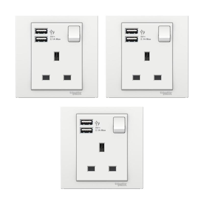 Schneider Electric KB15USB_WE Vivace White - Single 13A Socket combined 2 x USB ports 2.1 A - Pack of 3