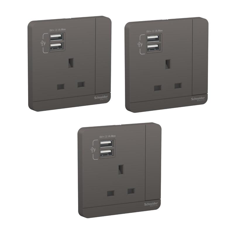 Schneider Electric  AvatarOn, 2 USB charger + switched socket, 3P, 13A, Dark Grey (Model Number -E8315USB_DG_G11) - Pack of 3