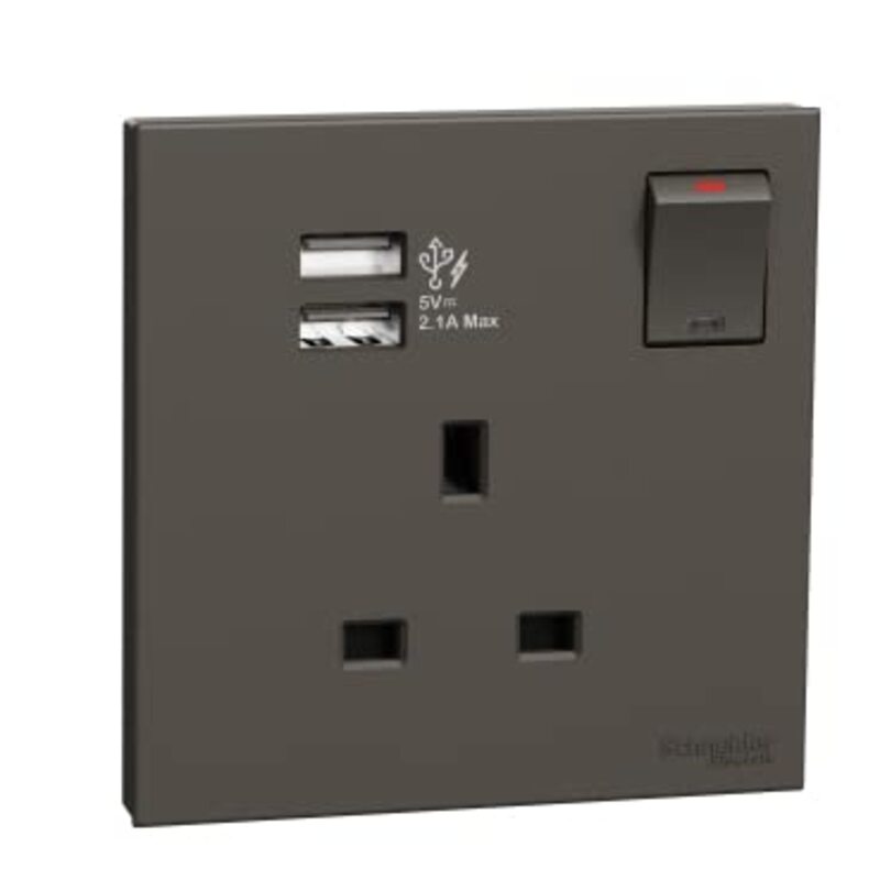 Schneider Electric Avataron C Switch Socket E8715USB_DG, 1 Gang, 13A Dark Grey 2.1A Two Port USB