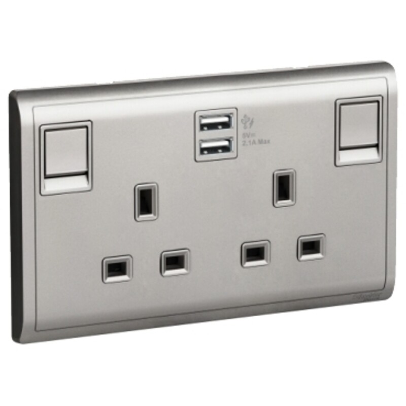 

Schneider Electric Pieno - 13A Twin Gang Switched Socket with 2.1A USB, Aluminium Silver (Model Number - E82T25USB_AS_G12)