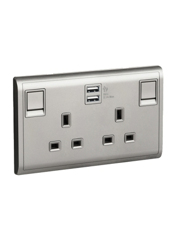 Schneider Electric Pieno 13A Twin Gang Switched Socket with 2.1A USB, E82T25USB_AS_G12, Aluminium Silver