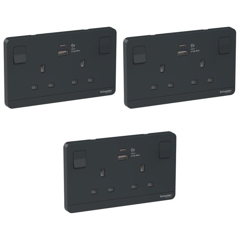 Schneider Electric Switched socket with USB charger, Avataron, 21W type A+C, 2 gang, 13A, dark grey (Model Number-E83T25ACUSB_DG_G12) - Pack of 3