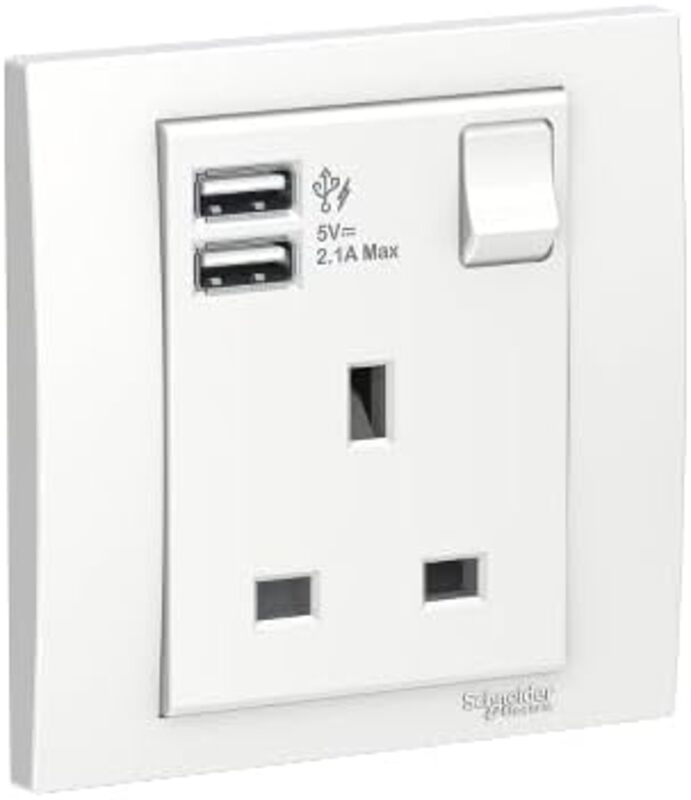 Schneider Electric 13A 1 Gang Switched Socket with 2.1A USB, White - KB15USB_WE_G12