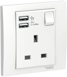 Schneider Electric 13A 1 Gang Switched Socket with 2.1A USB, White - KB15USB_WE_G12