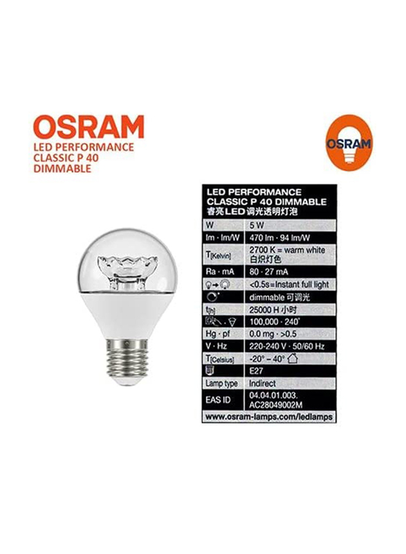 Osram E27 Classic P 5W 2700K Dimmable LED Bulb, 10 Pieces, Warm White